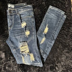 Men’s Kind Red Distressed Moto Skinny Jeans